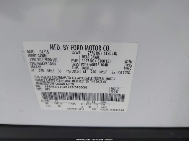 46102443 :رقم المزاد ، 1FM5K7D8XFGC46039 vin ، 2015 Ford Explorer Xlt مزاد بيع