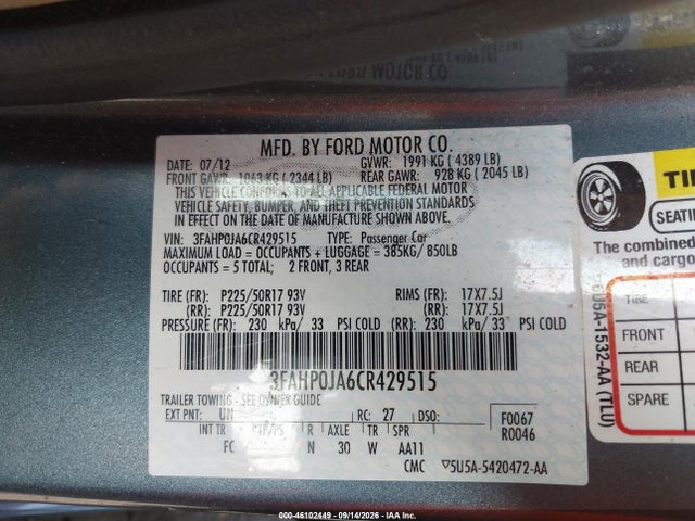 46102449 :رقم المزاد ، 3FAHP0JA6CR429515 vin ، 2012 Ford Fusion Sel مزاد بيع