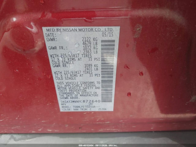 Aukcja sprzedaży 2015 Nissan Rogue S, vin: 5N1AT2MVXFC872640, numer aukcji: 46102454