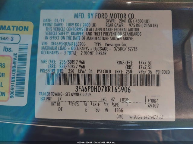 Продажа на аукционе авто 2019 Ford Fusion Se, vin: 3FA6P0HD7KR165906, номер лота: 46102459