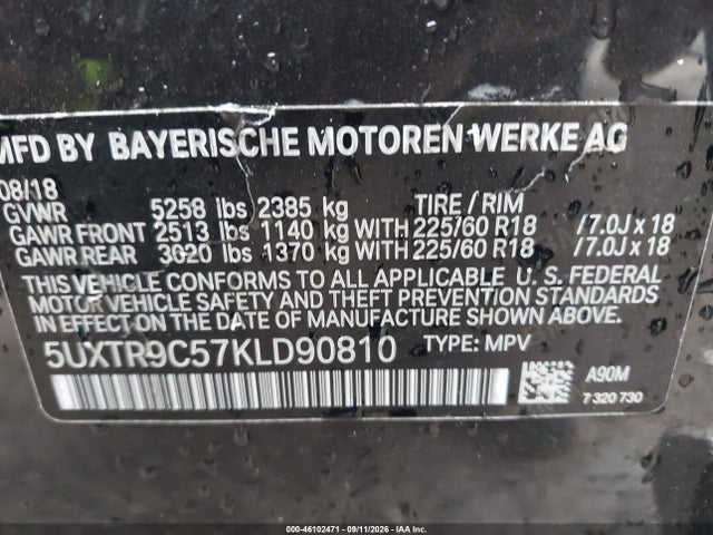 2019 Bmw X3 Xdrive30i მანქანა იყიდება აუქციონზე, vin: 5UXTR9C57KLD90810, აუქციონის ნომერი: 46102471