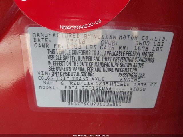 46102480 :رقم المزاد ، 3N1CP5CU7JL536861 vin ، 2018 Nissan Kicks Sv مزاد بيع