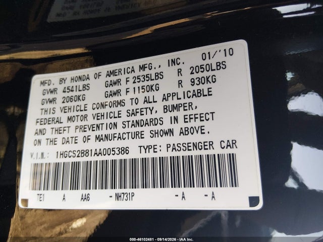 Aukcja sprzedaży 2010 Honda Accord 3.5 Ex-l, vin: 1HGCS2B81AA005386, numer aukcji: 46102481