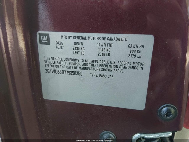 46102482 :رقم المزاد ، 2G1WU58R779358350 vin ، 2007 Chevrolet Impala Ltz مزاد بيع
