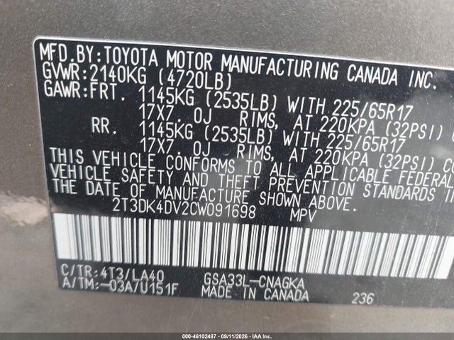 46102487 :رقم المزاد ، 2T3DK4DV2CW091698 vin ، 2012 Toyota Rav4 Limited V6 مزاد بيع