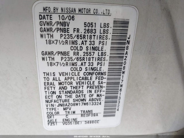 2007 Nissan Murano S მანქანა იყიდება აუქციონზე, vin: JN8AZ08W17W613324, აუქციონის ნომერი: 46102489