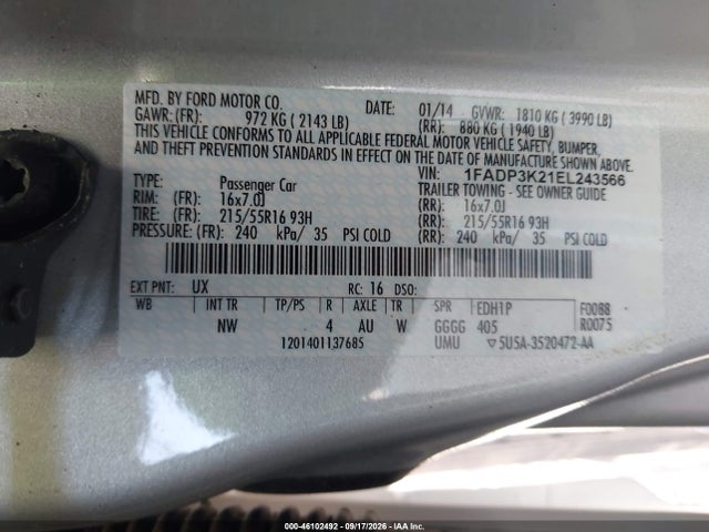 2014 Ford Focus Se მანქანა იყიდება აუქციონზე, vin: 1FADP3K21EL243566, აუქციონის ნომერი: 46102492