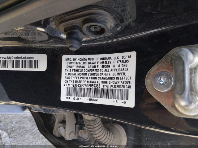2016 Honda Civic Ex მანქანა იყიდება აუქციონზე, vin: 19XFC2F76GE059363, აუქციონის ნომერი: 46102507