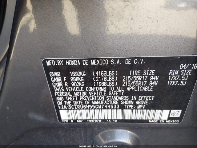 Aukcja sprzedaży 2016 Honda Hr-v Ex, vin: 3CZRU6H55GM744533, numer aukcji: 46102510
