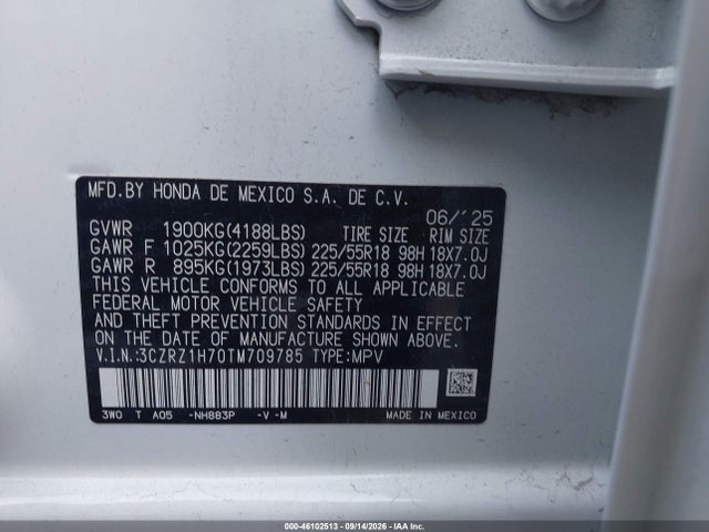Продаж на аукціоні авто 2026 Honda Hr-v 2wd Ex-l, vin: 3CZRZ1H70TM709785, номер лоту: 46102513
