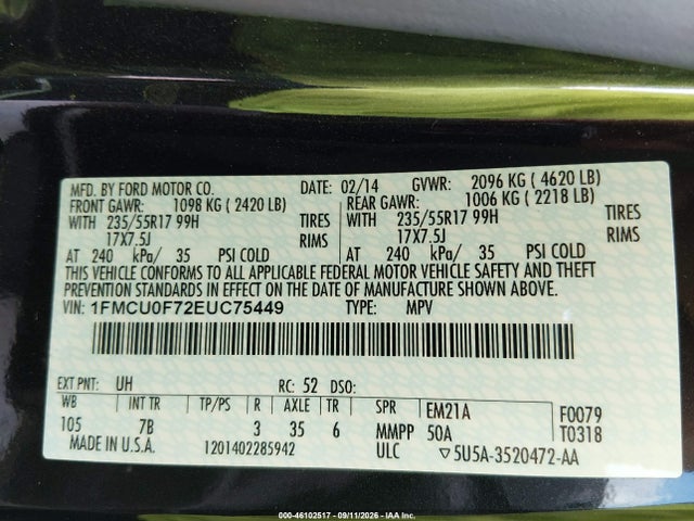 1FMCU0F72EUC75449 Ford ESCAPE S