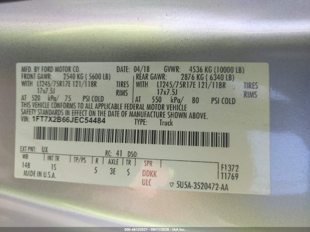 2018 Ford F-250 Xl მანქანა იყიდება აუქციონზე, vin: 1FT7X2B66JEC54484, აუქციონის ნომერი: 46102521