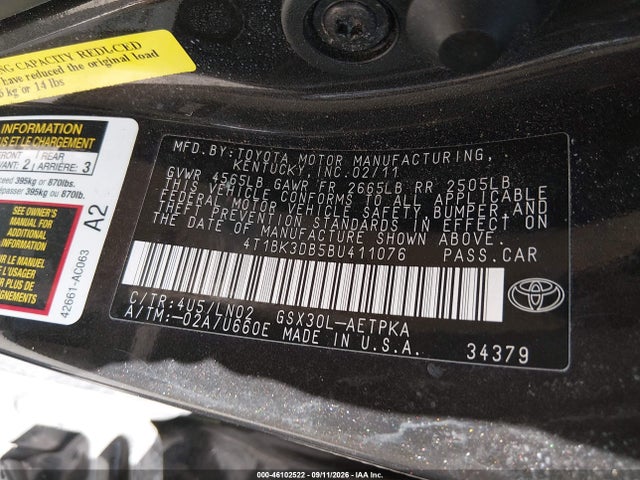 Aukcja sprzedaży 2011 Toyota Avalon Limited, vin: 4T1BK3DB5BU411076, numer aukcji: 46102522