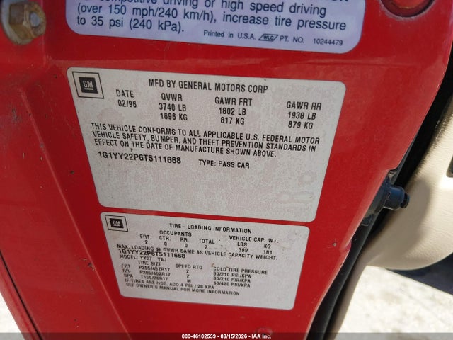 46102539 :رقم المزاد ، 1G1YY22P6T5111668 vin ، 1996 Chevrolet Corvette مزاد بيع