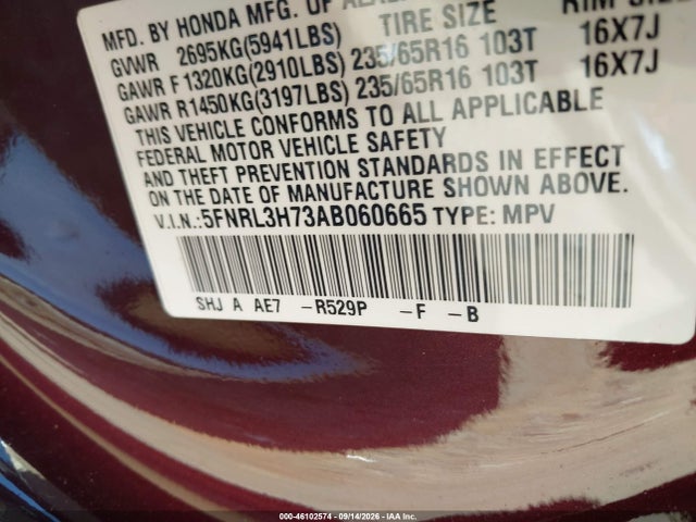 46102574 :رقم المزاد ، 5FNRL3H73AB060665 vin ، 2010 Honda Odyssey Ex-l مزاد بيع