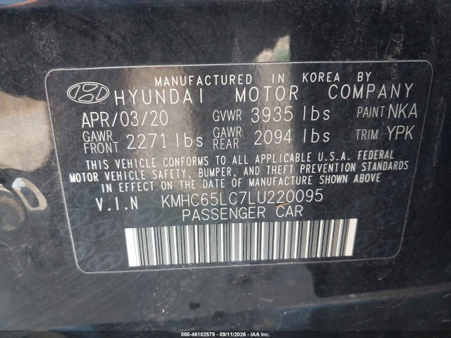 Aukcja sprzedaży 2020 Hyundai Ioniq Hybrid Blue, vin: KMHC65LC7LU220095, numer aukcji: 46102579