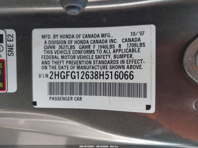 46102591 :رقم المزاد ، 2HGFG12638H516066 vin ، 2008 Honda Civic Lx مزاد بيع