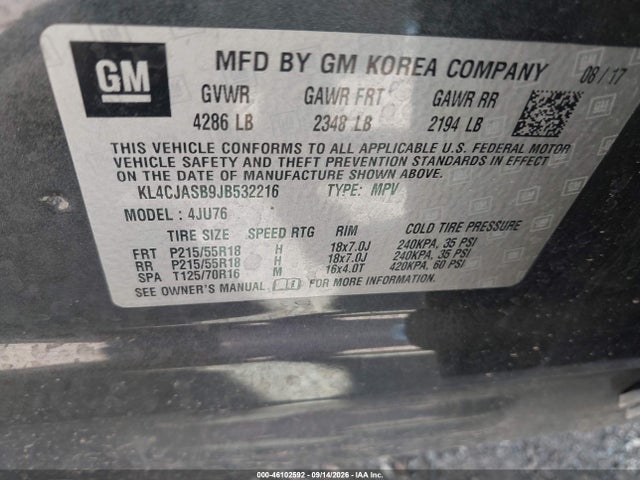 2018 Buick Encore Preferred მანქანა იყიდება აუქციონზე, vin: KL4CJASB9JB532216, აუქციონის ნომერი: 46102592