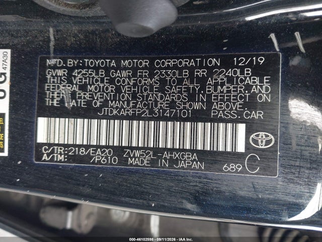 Продажа на аукционе авто 2020 Toyota Prius Prime Xle, vin: JTDKARFP2L3147101, номер лота: 46102598