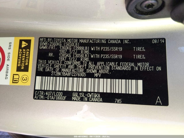 46102602 :رقم المزاد ، 2T2BK1BA8FC276905 vin ، 2015 Lexus Rx 350 مزاد بيع