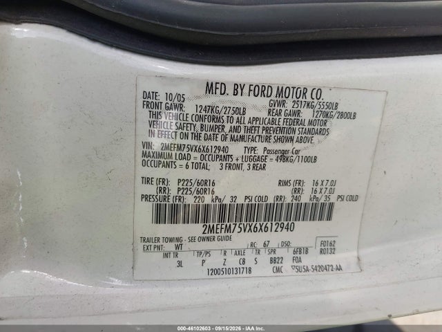 Продаж на аукціоні авто 2006 Mercury Grand Marquis Ls, vin: 2MEFM75VX6X612940, номер лоту: 46102603