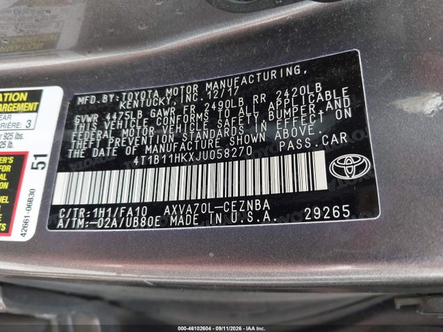 2018 Toyota Camry Le მანქანა იყიდება აუქციონზე, vin: 4T1B11HKXJU058270, აუქციონის ნომერი: 46102604