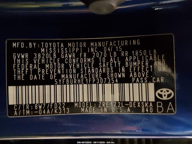 2015 Toyota Corolla S Plus მანქანა იყიდება აუქციონზე, vin: 5YFBURHE1FP307354, აუქციონის ნომერი: 46102630