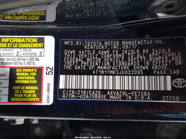 2018 Toyota Camry Se მანქანა იყიდება აუქციონზე, vin: 4T1B11HK3JU022095, აუქციონის ნომერი: 46102635