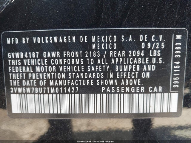 46102639 :رقم المزاد ، 3VW5W7BU7TM011427 vin ، 2026 Volkswagen Jetta S مزاد بيع