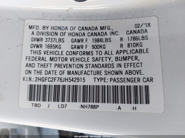 Honda CIVIC EX 2018 2HGFC2F76JH542915 Image 9