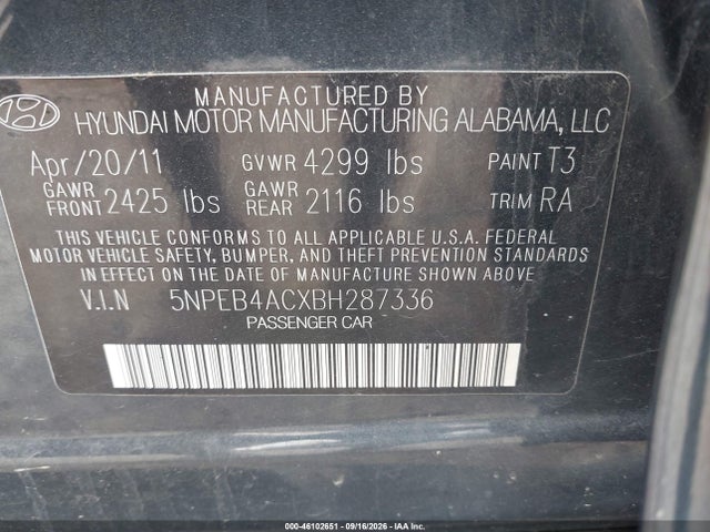 2011 Hyundai Sonata Gls მანქანა იყიდება აუქციონზე, vin: 5NPEB4ACXBH287336, აუქციონის ნომერი: 46102651