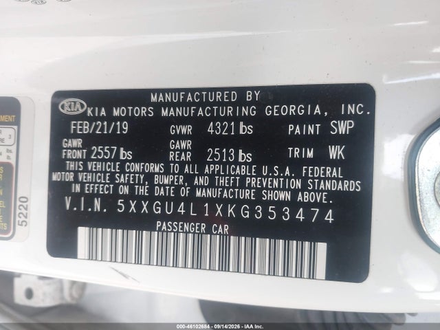 46102684 :رقم المزاد ، 5XXGU4L1XKG353474 vin ، 2019 Kia Optima Ex مزاد بيع
