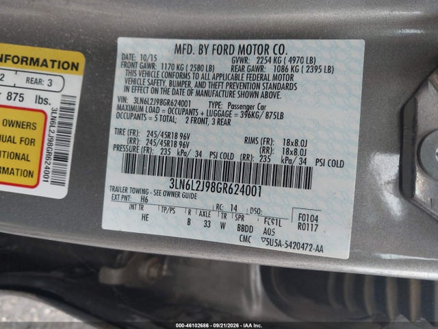 2016 Lincoln Mkz მანქანა იყიდება აუქციონზე, vin: 3LN6L2J98GR624001, აუქციონის ნომერი: 46102686