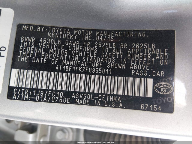 Продажа на аукционе авто 2015 Toyota Camry Le, vin: 4T1BF1FK7FU955011, номер лота: 46102690