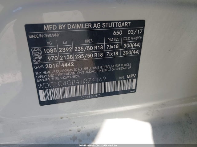Продаж на аукціоні авто 2018 Mercedes-benz Gla Gla 250, vin: WDCTG4GB4JJ374169, номер лоту: 46102692