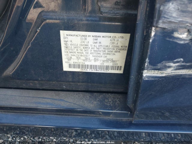 2008 Nissan Altima 2.5 S მანქანა იყიდება აუქციონზე, vin: 1N4AL21E58N503027, აუქციონის ნომერი: 46102697