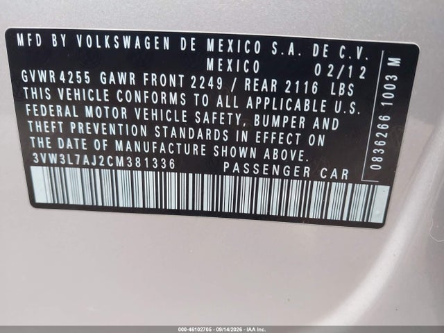 Aukcja sprzedaży 2012 Volkswagen Jetta 2.0l Tdi, vin: 3VW3L7AJ2CM381336, numer aukcji: 46102705