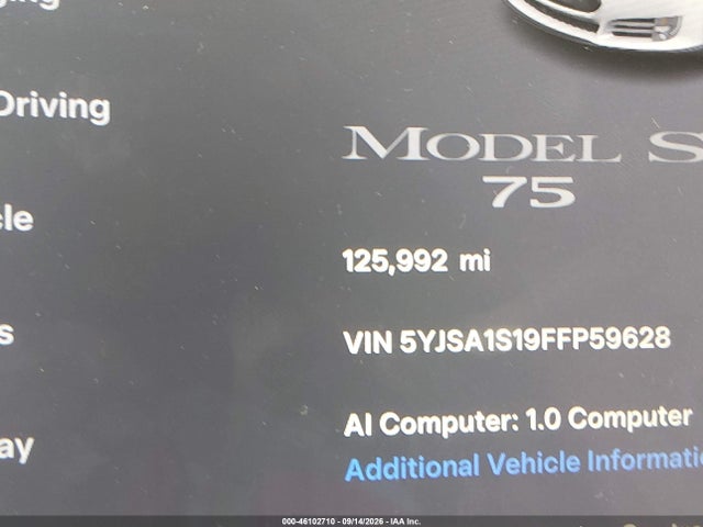 Aukcja sprzedaży 2015 Tesla Model S 60/70/85, vin: 5YJSA1S19FFP59628, numer aukcji: 46102710