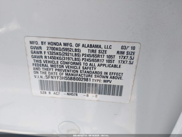 46102714 :رقم المزاد ، 5FNYF3H55BB002981 vin ، 2011 Honda Pilot Ex-l مزاد بيع