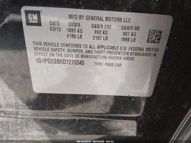 46102724 :رقم المزاد ، 1G1PG5SB6D7270345 vin ، 2013 Chevrolet Cruze Ltz مزاد بيع