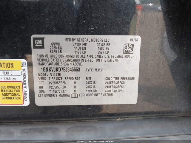 Продажа на аукционе авто 2014 Chevrolet Traverse Ltz, vin: 1GNKVJKD7EJ346653, номер лота: 46102741