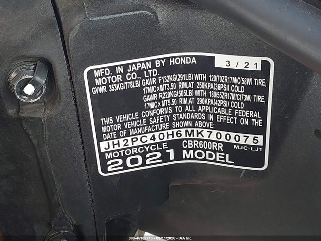 2021 Honda Cbr600 Rr მანქანა იყიდება აუქციონზე, vin: JH2PC40H6MK700075, აუქციონის ნომერი: 46102743