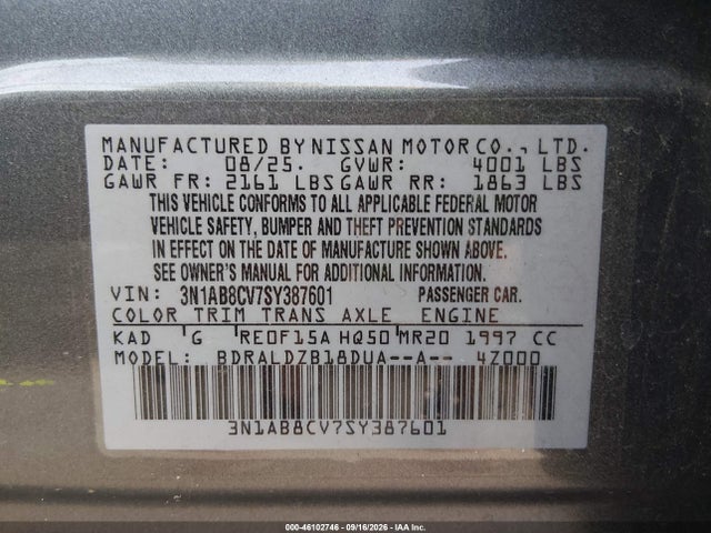 Продажа на аукционе авто 2025 Nissan Sentra Sv, vin: 3N1AB8CV7SY387601, номер лота: 46102746