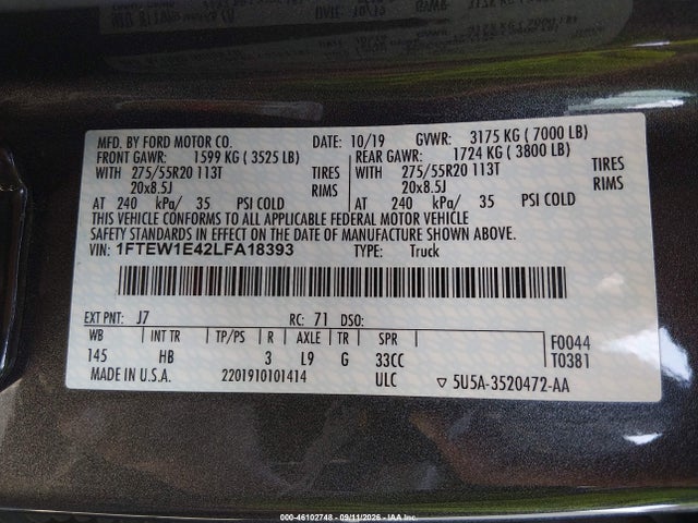 Ford F-150 Lariat 2020 1FTEW1E42LFA18393 Image 9