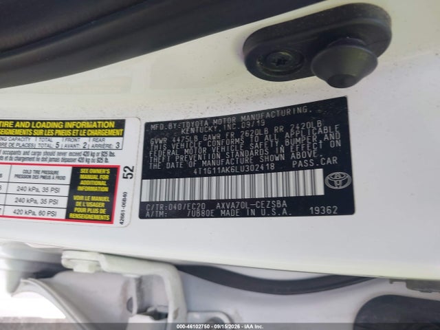 46102750 :رقم المزاد ، 4T1G11AK6LU302418 vin ، 2020 Toyota Camry Se Nightshade Edition مزاد بيع