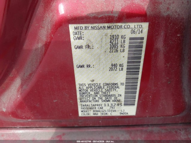 46102766 :رقم المزاد ، 1N4AL3AP4FC113245 vin ، 2015 Nissan Altima 2.5 S مزاد بيع