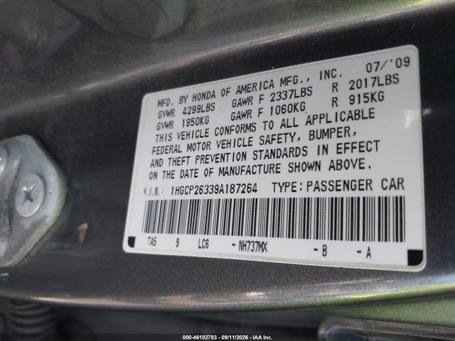 Aukcja sprzedaży 2009 Honda Accord 2.4 Lx, vin: 1HGCP26339A187264, numer aukcji: 46102783