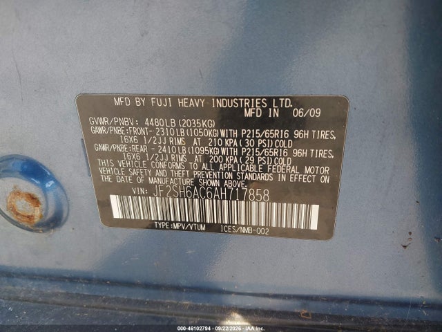 Aukcja sprzedaży 2010 Subaru Forester 2.5x, vin: JF2SH6AC6AH717858, numer aukcji: 46102794