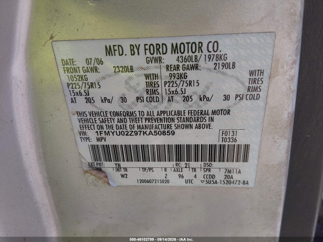 46102799 :رقم المزاد ، 1FMYU02Z97KA50859 vin ، 2007 Ford Escape Xls/xls Manual مزاد بيع