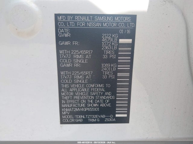 2016 Nissan Rogue Sv მანქანა იყიდება აუქციონზე, vin: KNMAT2MV4GP655101, აუქციონის ნომერი: 46102814